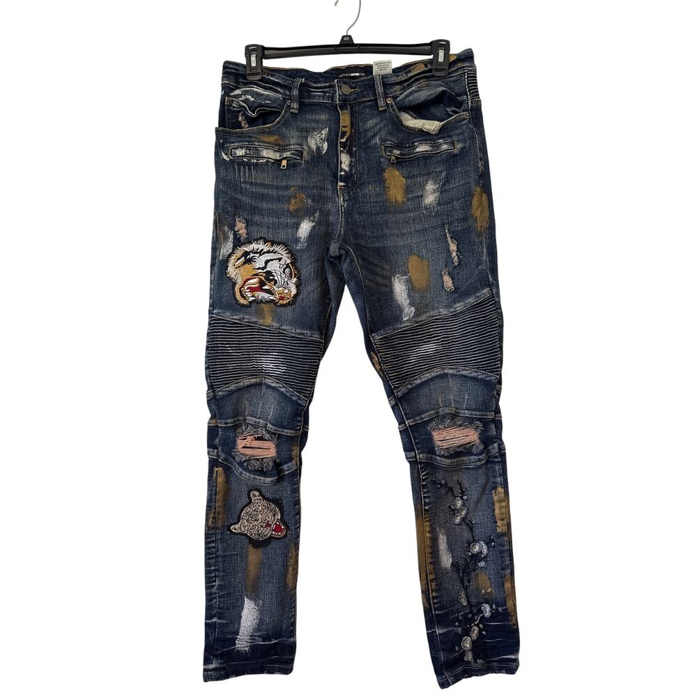 Fashion Nova Men's Gwen Moto Distressed Biker Jeans Blue Tiger Patch Size 34